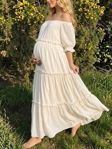 Bump Style Women's White Dress Jacket Maternity Photo Off-Shoulder Ruffle For Evening Dresses Princess Set Dressy - Beige - View 5