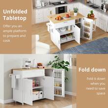 L132.5*B44(70)*H90cm Large Mobile Kitchen Table, Foldable Countertop, Oak Wood Grain, Multifunctional Cabinet, Spice Rack, Towel Holder, 5 Wheels, Suitable Kitchen/Dining/House - White+Natural + MDF - View 4