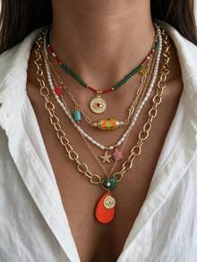 Set Kalung Manik-Manik Berlapis-lapis Buatan Tangan Motif Kerang Laut, Ikan, Bintang Laut, dan Kepiting Gaya Bohemian, Dapat Ditumpuk, Cocok untuk Liburan Pantai dan Pesta Wanita - MultiWarna - View 2