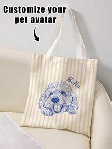 1Pc Custom Pet Photo Multi-Stripe Canvas Reusable Tote Bag, Large Lightweight Stylish Carryall For School Party Daily Shopping,Perfect Gift - Multicolor - View 10