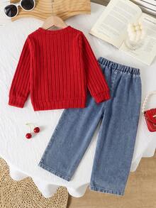 2pcs/Set Girls Cute Cherry Ribbed Long Sleeve Pullover Sweatshirt + Cherry Embroidered Denim Pants Outfit, Sweet Style Cherry Set For Autumn Daily Wear, Farm Theme - Red - View 5