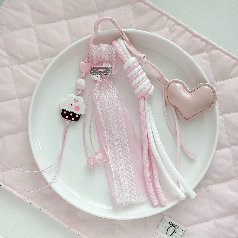 Korean Style Pink Cake Heart-Shaped Bag Charm, Lace Ribbon Braided Rope Keychain, Cute Girly Bag Pendant - Multicolor - View 1