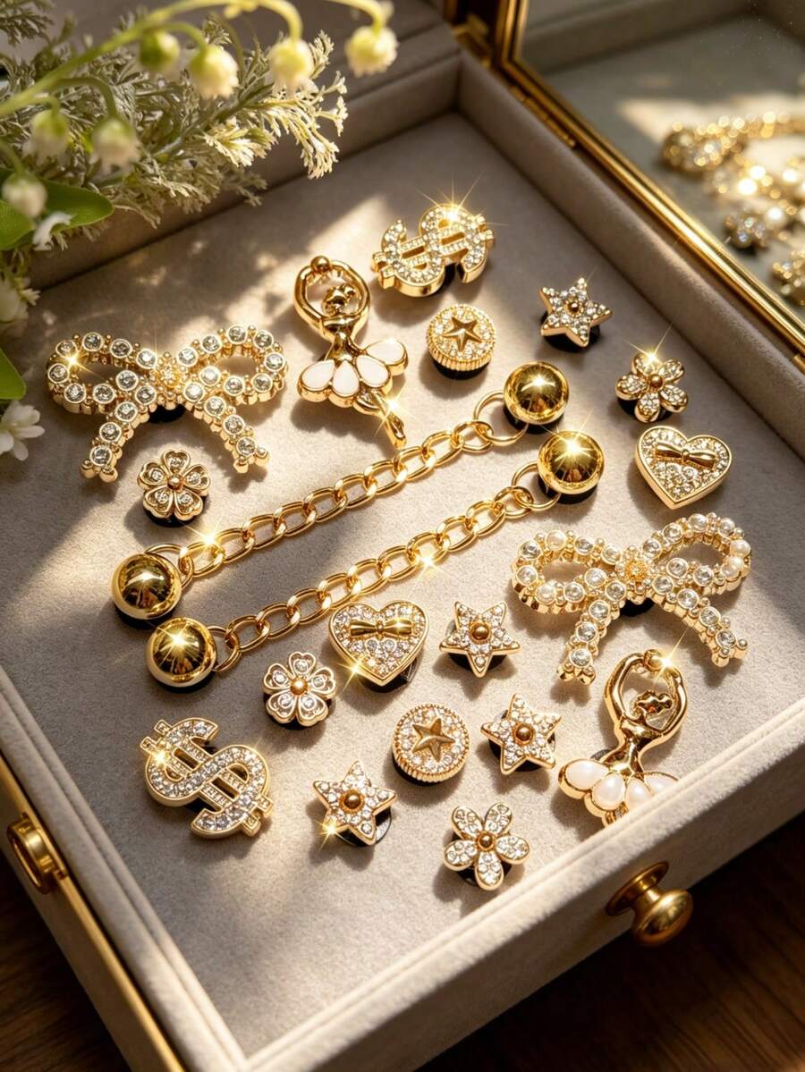 20pcs Rhinestone Ballet Girl Shoe Charms, Bow, Dollar Sign, Heart Chain DIY Removable Accessories For Sandals, Beach Bags, Gifts - Gold - View 1