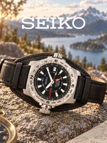 Men's SEIKO Perpetual Calendar Watch, Vintage Black Cow Leather Strap, Map Meter Compass Bezel, 200M Water Resistant Outdoor Exploration Wristwatch - Black - View 6