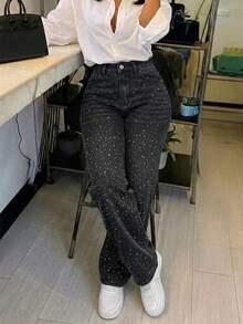 Celana Jeans Denim Wanita Model Lurus Longgar Gaya Vintage - Hitam - View 2