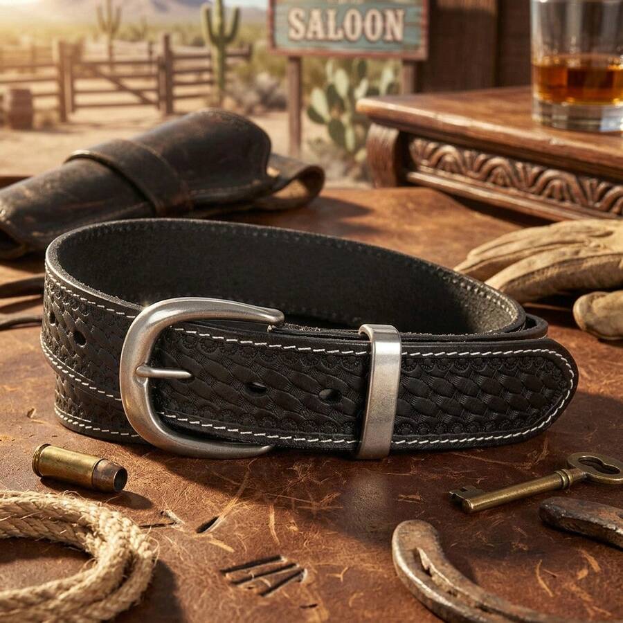 Men's Full Grain Leather Belt Featuring Oval Curved Pin Buckle And Textured Woven Emboss Pattern Across The Strap - SC543 - View 1