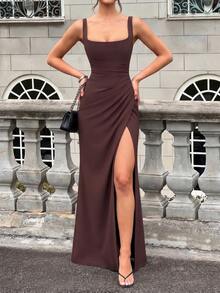 Sexy Summer Spaghetti Strap Lace Up High Quality High Slit Backless Ruched Brown Long Maxi Bodycon Dress Night Out Evening Party Dress - Brown - View 3