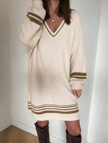 SEREN Women's V-Neck Knit Dress, Loose Casual Long Sleeve Pullover, Suitable For Autumn/Winter - Apricot - View 4