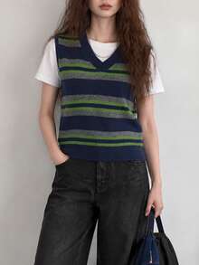 Women's Autumn/Winter Minimalist Vintage Striped V-Neck Pullover Vest - Navy Blue - View 4