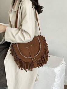 Faux Suede Tassel Bag Vintage Brown Retro Versatile Bohemian Crossbody Bag - Brown - View 3