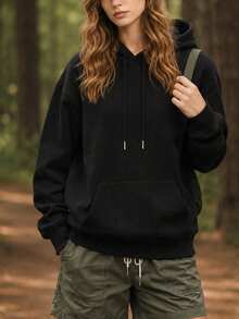 Women's Dual-Metal Drawstring Hooded Sports Sweatshirt, One-Piece Kangaroo Pocket Casual Sweatshirt - Black - View 1