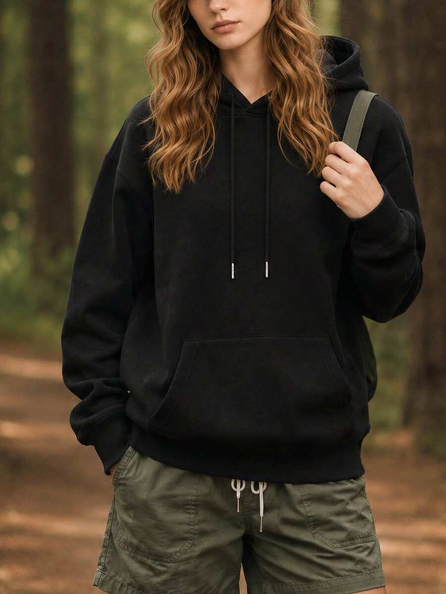 Women's Dual-Metal Drawstring Hooded Sports Sweatshirt, One-Piece Kangaroo Pocket Casual Sweatshirt - Black - View 1