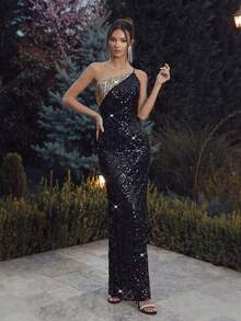 FEELAIR New One Shoulder Sleeveless Fitted Backless Heavy Sequin Long Dress, Suitable For Vacation, Party, Women's Formal Banquet, Slit Skirt - Black - View 1