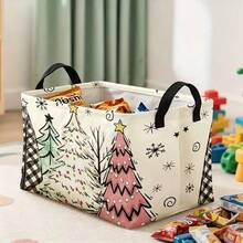 1pc Christmas Storage Basket, Cartoon Hand-Painted Christmas Tree & Snowflake Print Rectangular Fabric Storage Bin With Handle, Holiday Home Organization Box - Multicolor - View 5
