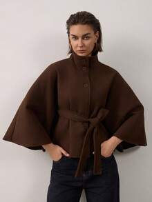 Women's Vintage Short Tie Cape Overcoat Suitable For Autumn/Winter - Brown - View 1