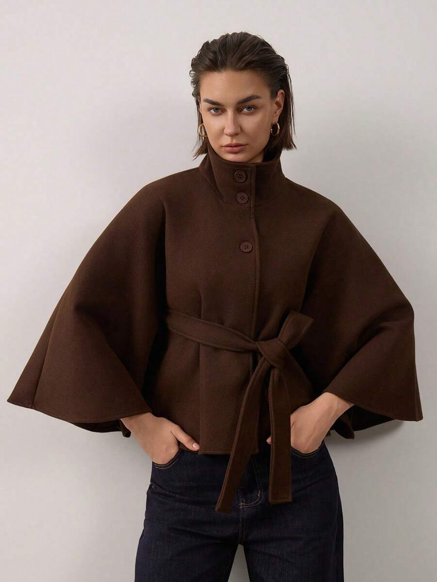 Women's Vintage Short Tie Cape Overcoat Suitable For Autumn/Winter - Brown - View 1