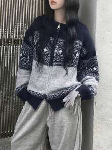 Cardigan Rajut Fair Isle Motif Salju dengan Resleting, Jaket Sweater Longgar Kasual Vintage yang Lembut dan Nyaman - Navy Blue - View 5