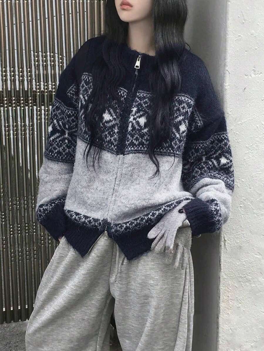 Fair Isle Snowflake Knit Zip-Up Cardigan, Soft And Cozy Vintage Casual Loose Sweater Jacket - Navy Blue - View 1