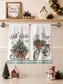 2 Buah Handuk Dapur, Handuk Dapur Motif Kotak-kotak Musim Dingin, Motif Kereta Luncur & Sepeda, Kain Lap Piring, Gaya Pedesaan, Ukuran 40*60cm Persegi Panjang, Handuk Dapur Mikrofiber Lembut, Sempurna untuk Dapur, Ruang Makan, dan Kamar Mandi, Dekorasi Dapur, Dekorasi Rumah, Hadiah Pindah Rumah untuk Tetangga, Kain Lap Piring - Tunas Hijau - View 2