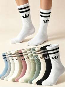 1/5/10/20 Pairs Women's Striped And Solid Color Mid-Calf Sports Socks, Couple Style, Breathable And Moisture-Wicking Casual Socks, Unisex, Suitable For Daily Wear, Sports Occasions And Campus Style, Random Color Assortment - Multicolor - View 1