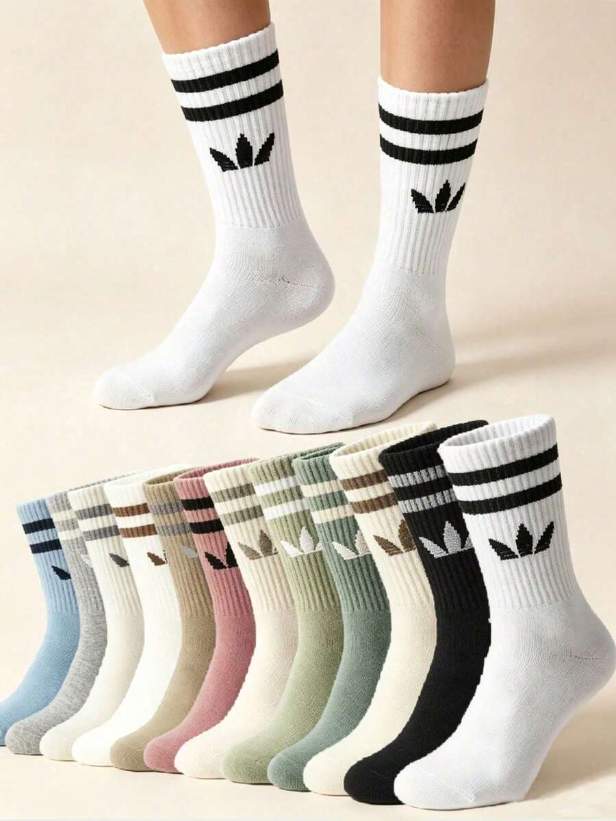 1/5/10/20 Pairs Women's Striped And Solid Color Mid-Calf Sports Socks, Couple Style, Breathable And Moisture-Wicking Casual Socks, Unisex, Suitable For Daily Wear, Sports Occasions And Campus Style, Random Color Assortment - Multicolor - View 1