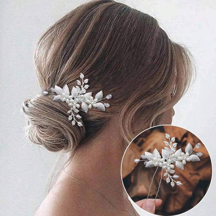 1pc Leaf Pattern Elegant Iron Hair Stick Bridal Wedding Hair Accessory For All Seasons - Silver - View 1