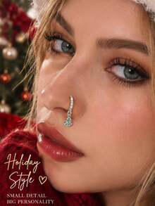 1pc Sweet Niche Design Green Rhinestone Christmas Tree Nose Stud Piercing Jewelry, Exquisite Gift For Holiday Party And Christmas Wear - Multicolor - View 2