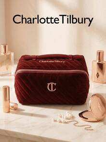 Charlotte Tilbury L Size 20*11*11cm Portable Travel Makeup Bag, Soft Velvet Quilted Cosmetic Storage Bag, Zipper Large Capacity Makeup Organizer, Suitable For Complete Makeup Set - Burgundy - View 3