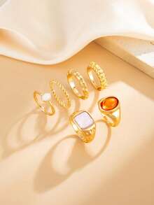 9pcs Vintage Fashion Luxury Metal Sun Gemstone Open Ring Set, Ins Style Jewelry Set, Suitable For Women's Daily Wear, Party, Vacation, Holiday Gift - Yellow Gold - View 2