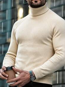 Men's High Neck Chunky Knit Sweater, Textured Loose Fit Pullover Base Layer Top For Autumn/Winter - Apricot - View 4