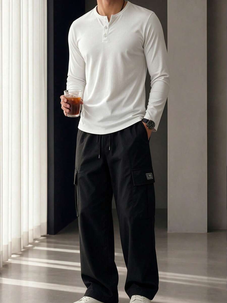 Men's Fashion Solid Color Henley Long Sleeve + Cargo Wide Leg Pants 2 Pieces Set, Minimalist Casual Outfit - White - View 1