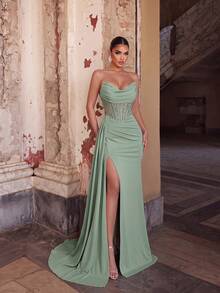 ADYCE Elegant Strapless Lace Patchwork Boned High Waist Lace-Up Back High Slit Floor Length Evening Gown, Suitable For Prom, Formal Dinner, Homecoming Party, Wedding - Green - View 7