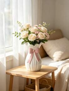 1pc White Vase With Red Bow, Elegant Wavy Edge Vase, Modern Decorative Centerpiece, Suitable For Vanity And Dining Table, Housewarming Gift, Home Center Decor, Vanity Decor, Housewarming Gift - Multi-color - View 8