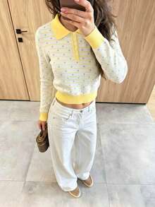 Women's Casual Fashion Autumn/Winter Contrast Color Polka Dot Stripe Contrast Collar Long Sleeve Fitted Ribbed Button Regular American Vintage Fall - Multicolor - View 1