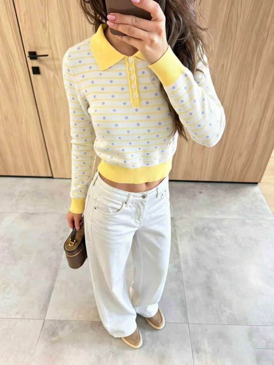 Women's Casual Fashion Autumn/Winter Contrast Color Polka Dot Stripe Contrast Collar Long Sleeve Fitted Ribbed Button Regular American Vintage Fall - Multicolor - View 1
