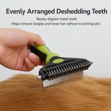 2-In-1 Pet Dematting Comb And Undercoat Deshedding Rake Double Sided Curved Blades Detangling Tool - Green - View 4