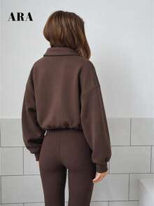 ARA CHIC Brown Short Half-Zip Women's Sweatshirt, Adjustable Drawstring Hem Ribbed Cuffs Loose Drop Shoulder Pullover, Y2K Casual Long Sleeve Top, Suitable For Sports, Daily Wear - Brown - View 4