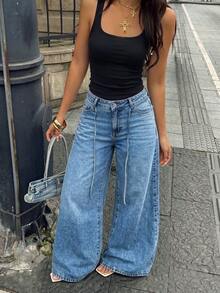 Vintage Blue Wide Leg Jeans Loose Fit Slimming Drape Non-Clinging Flare Pants Casual Daily Wear - Medium Wash - View 4