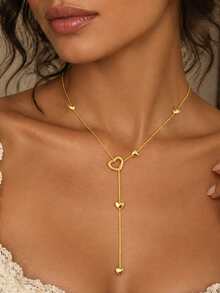 1PC Women's Y-Shaped Lariat Necklace, Adjustable Gold Chain With Hollow Solid Heart Charms, Waterproof Minimalist Heart Necklace - Gold - View 3