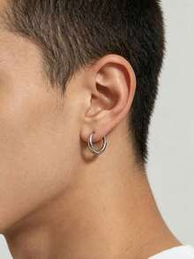 1 Pair Fashionable Funny Stainless Steel Silver Polished Men's Hoop Earrings - Silver - View 2