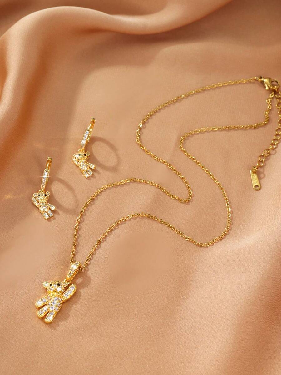 GEREIT 3pcs Copper Micro-Inlaid Full Rhinestone Teddy Bear Pendant Necklace & Earrings Set Gift Box - Gold - View 1