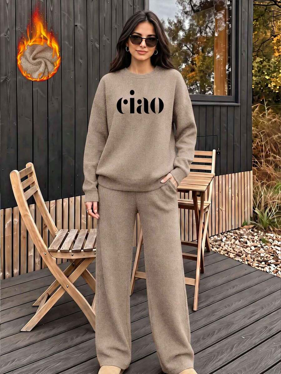 CIAO City Slogan 印花秋冬女款仿針織長袖上衣與長褲套裝,休閒兩件套,圖案上衣,秋冬兩件套,女款冬季套裝,女款冬季毛衣,冬季套裝 Y - 駝色 - 查看 1