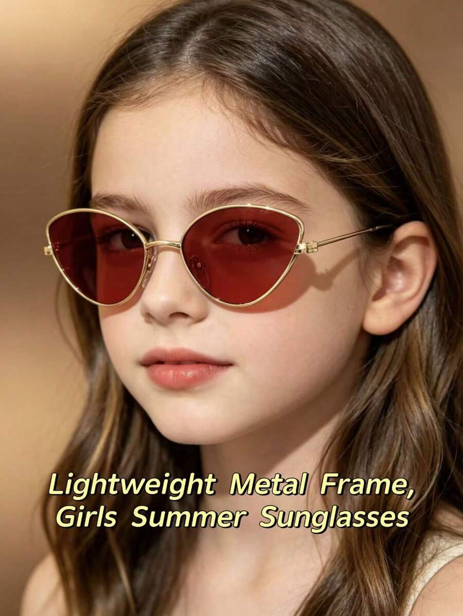 1 Pair Vintage Cat Eye Red Lens Kids Fashion Glasses, Thin Gold Frame Lightweight Metal Frame, Girls Summer Photo Sun Protection Shades - Multicolor - View 1