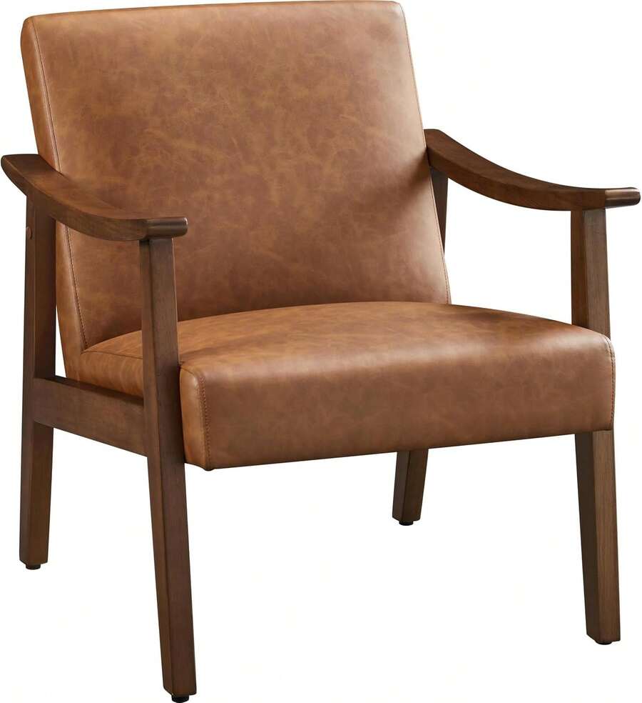 Silla decorativa de piel sintética, moderno sillón de mediados de siglo con patas de madera maciza, silla de ocio de lectura con respaldo alto para sala de estar, recámara, sala de espera, - Marrón - Ver 1