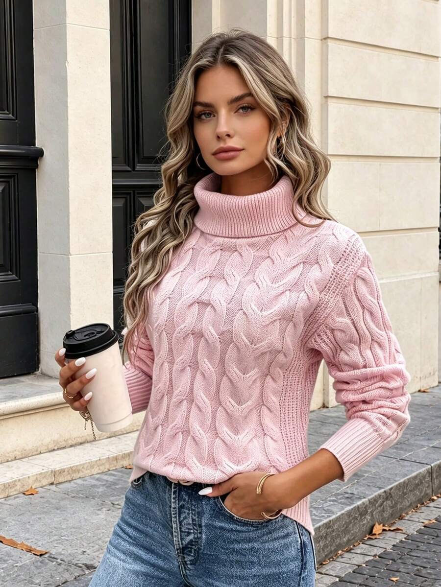 Solid Color Minimalist Round Neck Twisted Knit Long Sleeve Sweater For Women, Fashionable Dropped Shoulder Pullover, Autumn/Winter Casual Pink