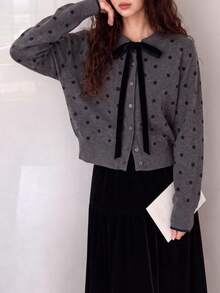 Women's Autumn/Winter Polka Dot Pattern Tie Neck Round Collar Cardigan Knit Sweater - Grey - View 1