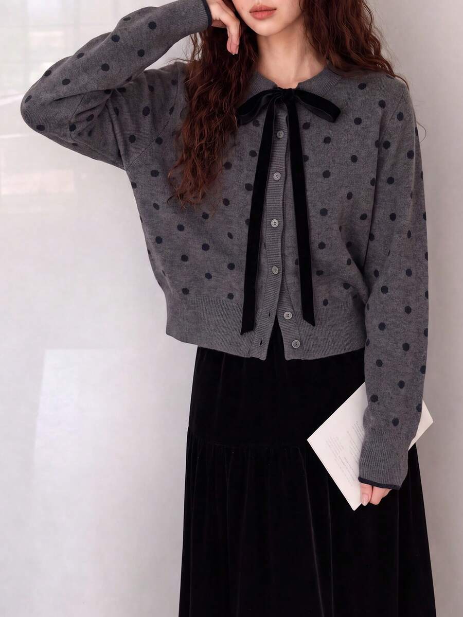 Women's Autumn/Winter Polka Dot Pattern Tie Neck Round Collar Cardigan Knit Sweater - Grey - View 1