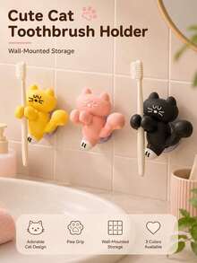 This Cute Cat-Shaped Wall-Mounted Storage Rack Functions As Both A Toothbrush Holder And A Cable Clip. It Features A Drill-Free Hook Design, Suitable For Bathroom Counters, Desks, And Charging Cable Organization, Making It Practical And Aesthetically . - Multicolor - View 1