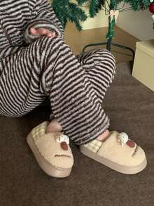 XIXITIAO Color Block Small Mushroom Closed Back Slippers For Women, Warm Fuzzy Home Maternity Slippers - Khaki - View 3