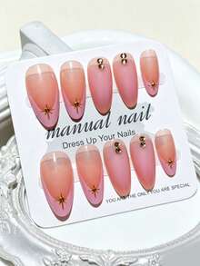 10pcs Handmade Apricot Nude Blush Octagonal Star Gold Mirror Powder 3D French Cute Minimalist Fashion High-End Fake Nails - Multicolor - View 6